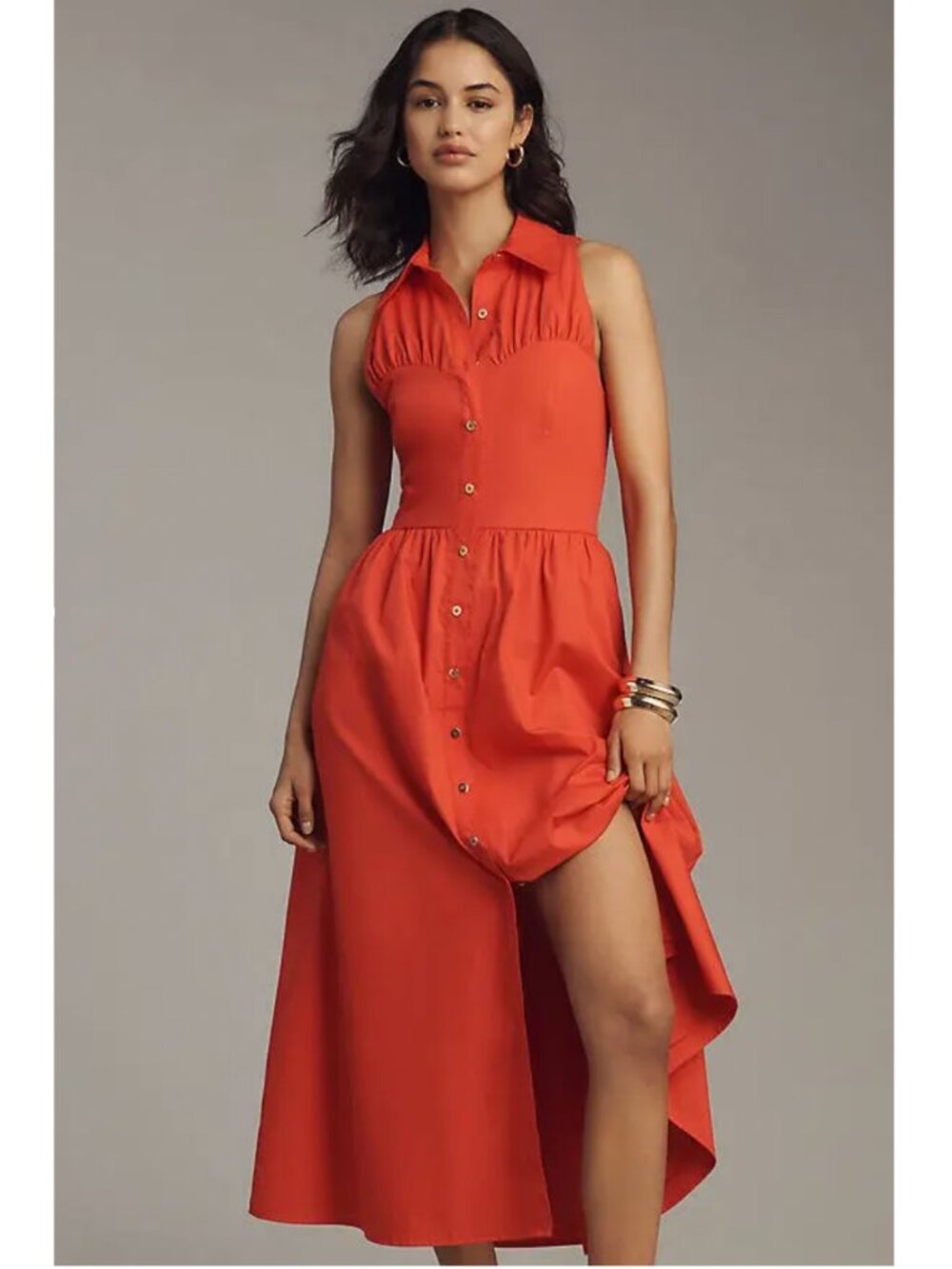 Hutch Sleeveless Button-Front Midi Dress in Orange